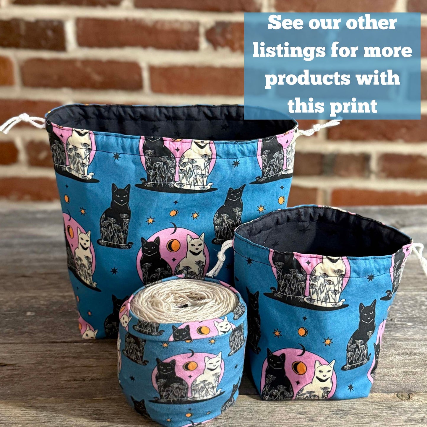 Drawstring Pouch | Yarn Bowl | Project Bag | Sock Bag - Carpe Noctem Cats