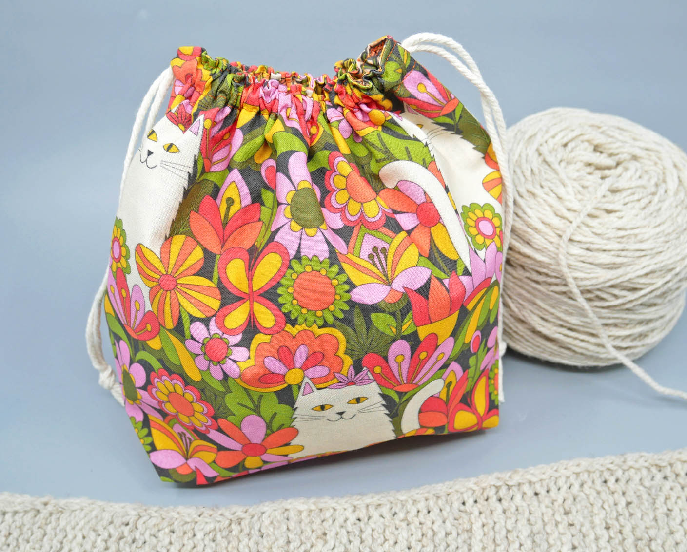 Cat, mushroom, butterfly knitting or crochet drawstring project bag