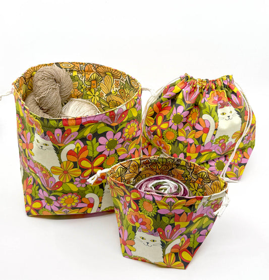Drawstring Pouch | Yarn Bowl | Project Bag | Sock Bag - Retro Cat