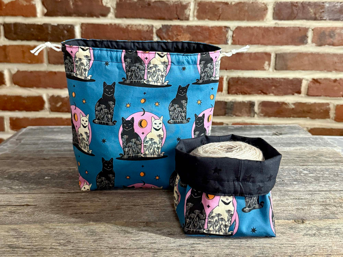 Drawstring Pouch | Yarn Bowl | Project Bag | Sock Bag - Carpe Noctem Cats