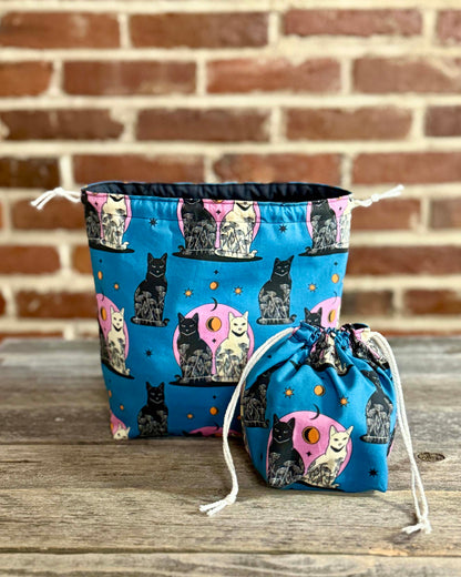 Drawstring Pouch | Yarn Bowl | Project Bag | Sock Bag - Carpe Noctem Cats