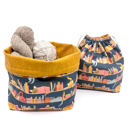 Drawstring Bag | Yarn Bowl | Project Bag | Dice Bag - Cats on Bookshelf