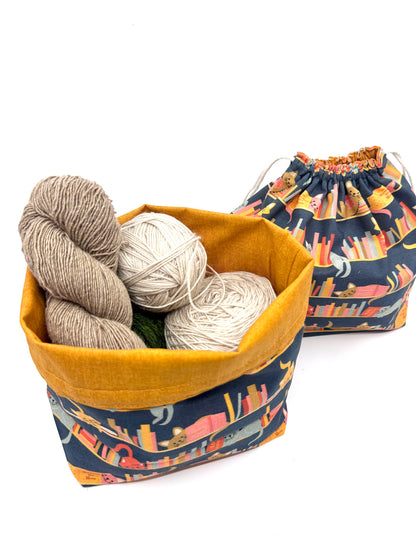 Drawstring Bag | Yarn Bowl | Project Bag | Dice Bag - Cats on Bookshelf