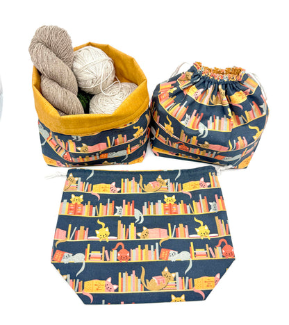 Drawstring Bag | Yarn Bowl | Project Bag | Dice Bag - Cats on Bookshelf