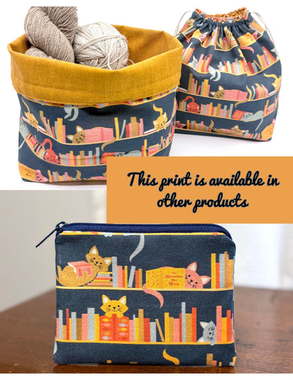 Drawstring Bag | Yarn Bowl | Project Bag | Dice Bag - Cats on Bookshelf