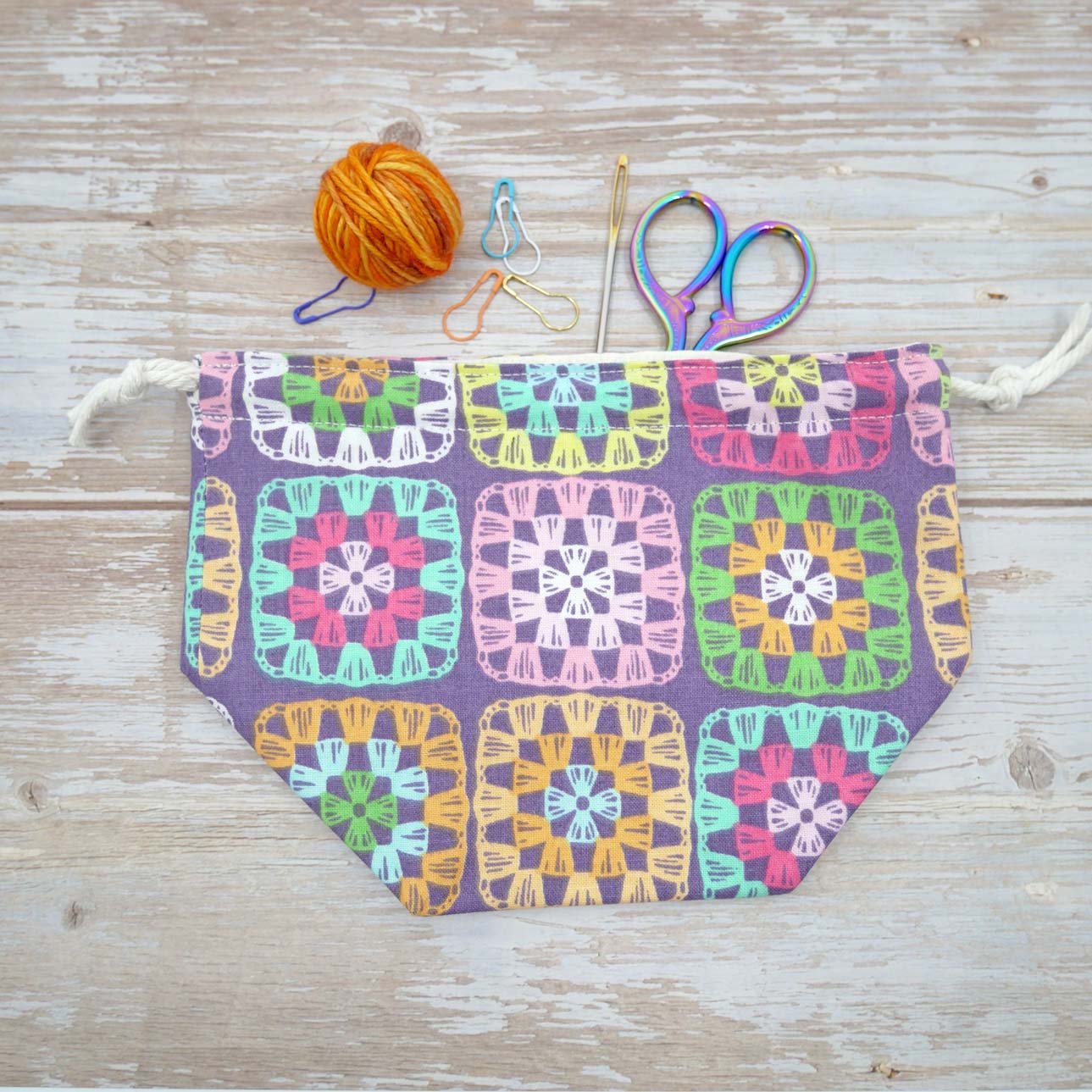 granny square crochet print drawstring fabric yarn bowl or project bag