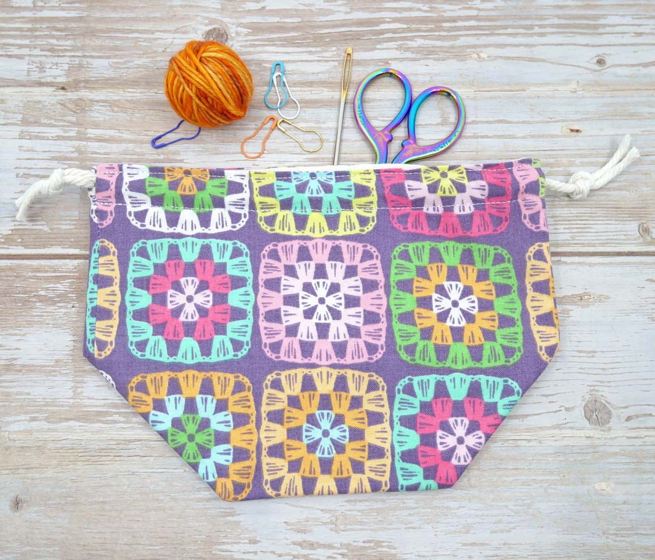 granny square crochet print drawstring fabric yarn bowl or project bag