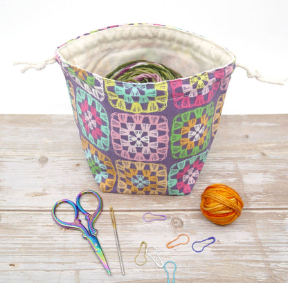 granny square crochet print drawstring fabric yarn bowl or project bag