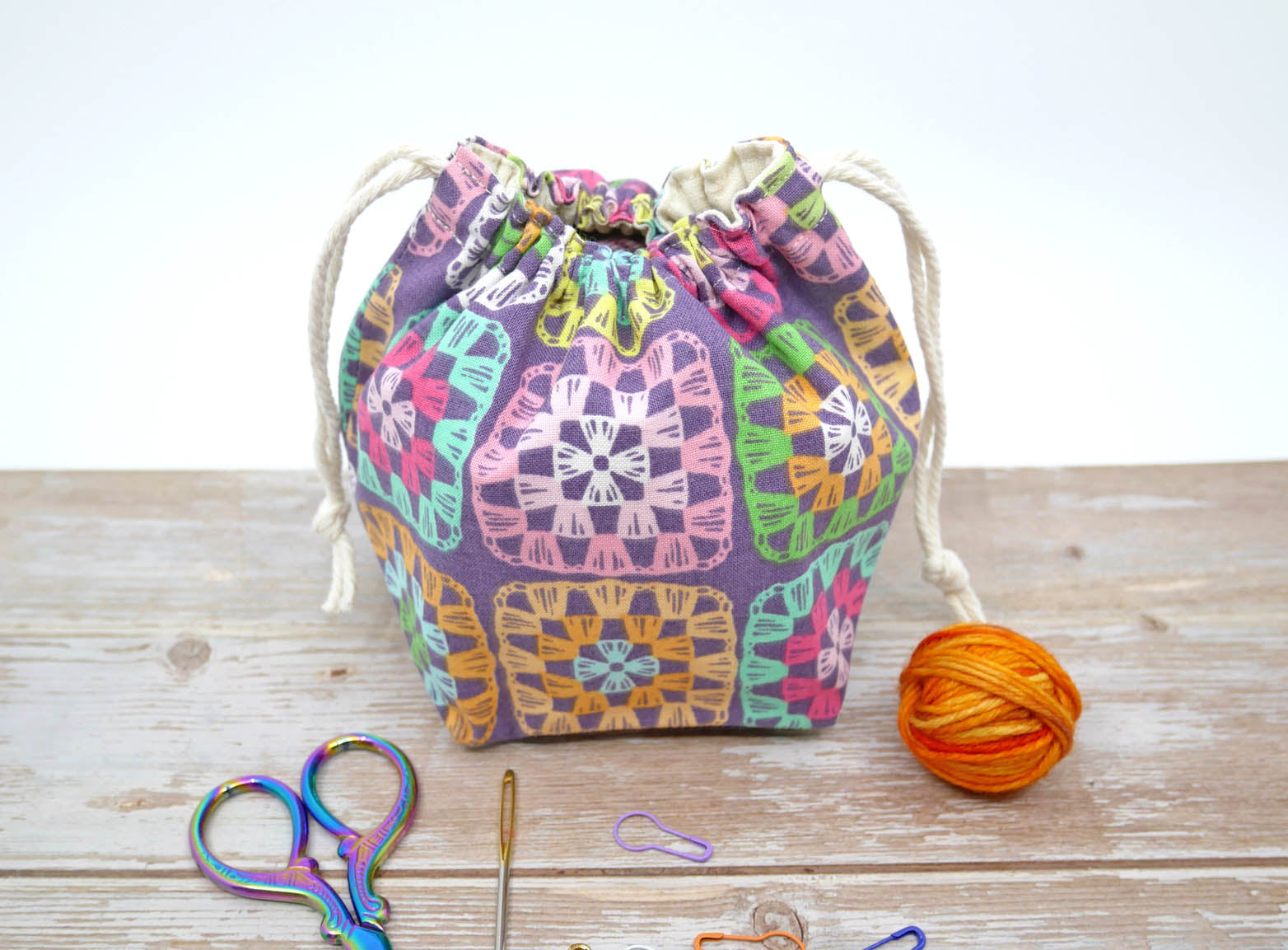 granny square crochet print drawstring fabric yarn bowl or project bag