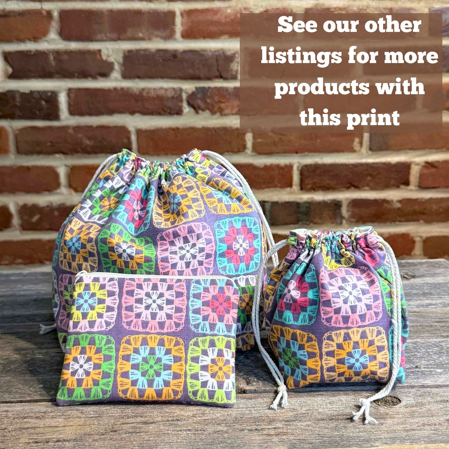 Drawstring Bag | Yarn Bowl | Project Bag | Dice Bag - Granny Square