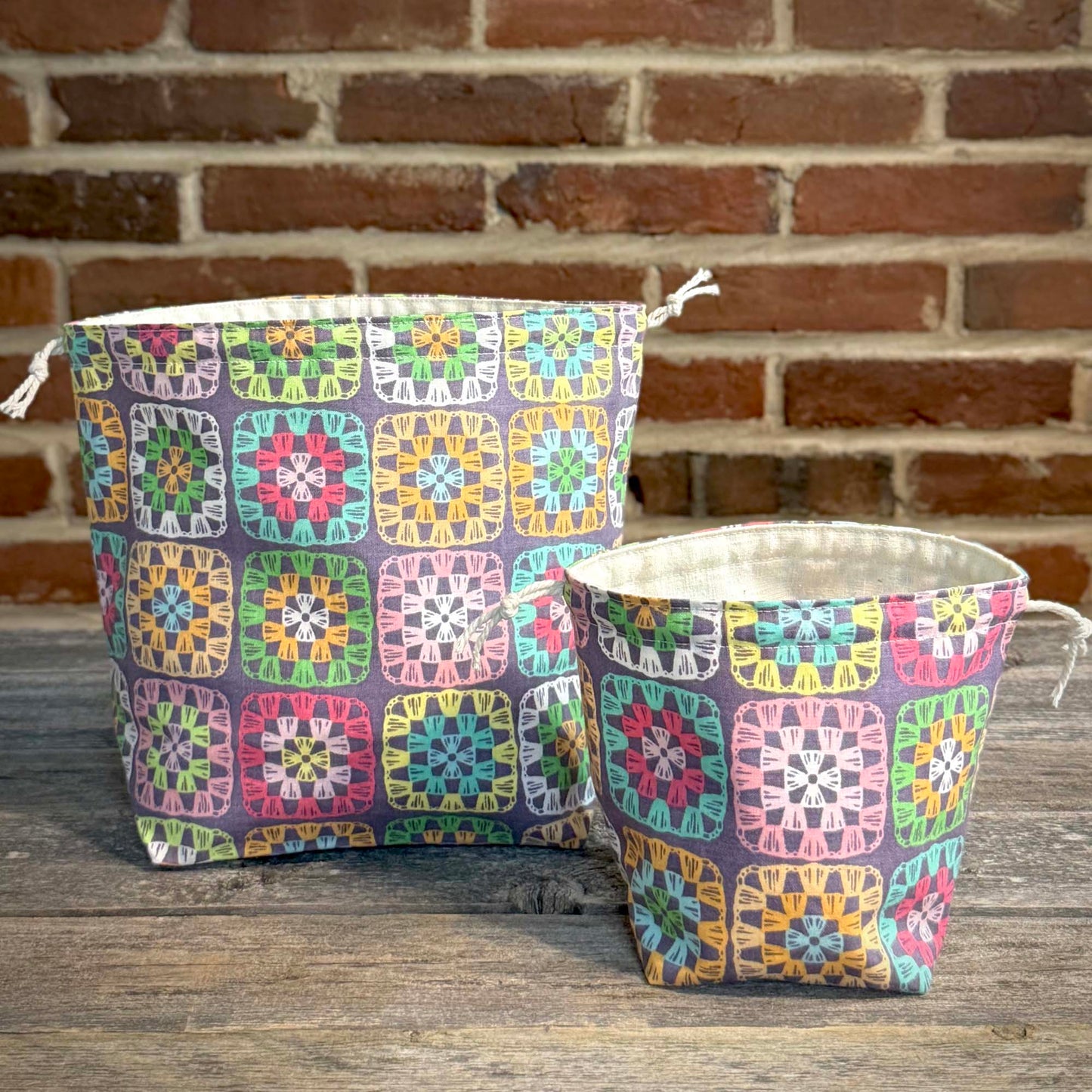 Drawstring Bag | Yarn Bowl | Project Bag | Dice Bag - Granny Square