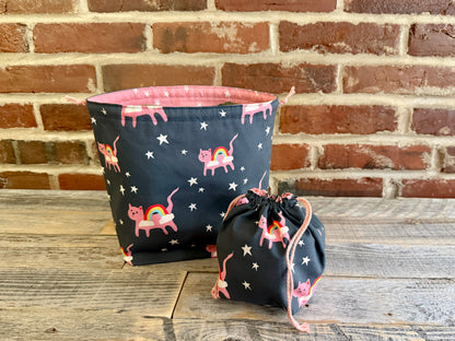 Drawstring Pouch | Yarn Bowl | Project Bag | Sock Bag - Cosmic Kitties