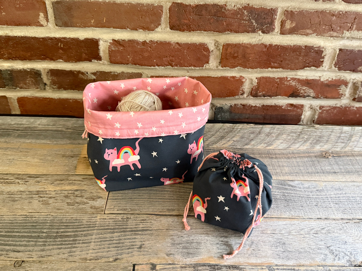 Drawstring Pouch | Yarn Bowl | Project Bag | Sock Bag - Cosmic Kitties