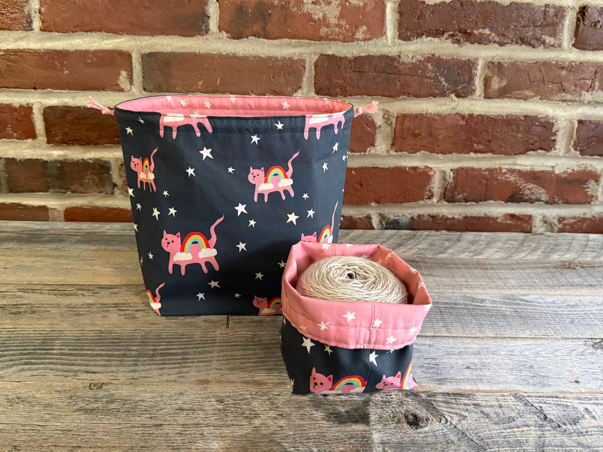 Drawstring Pouch | Yarn Bowl | Project Bag | Sock Bag - Cosmic Kitties
