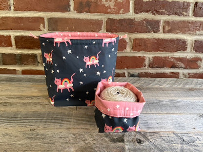 Drawstring Pouch | Yarn Bowl | Project Bag | Sock Bag - Cosmic Kitties