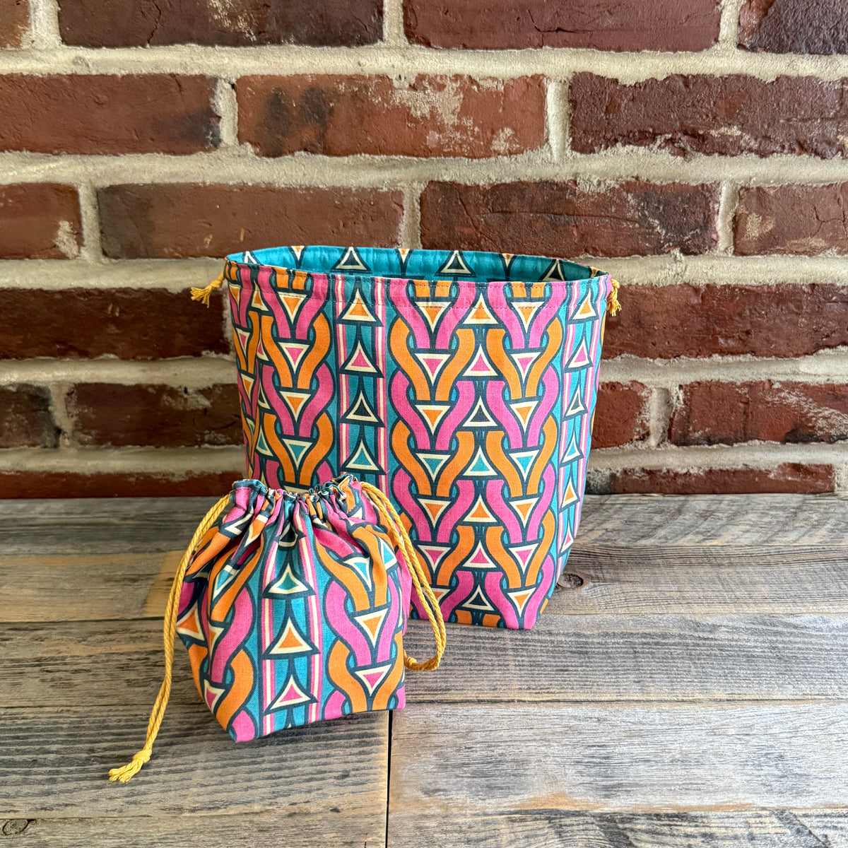 Drawstring Pouch | Yarn Bowl | Project Bag | Sock Bag - Retro Stitches