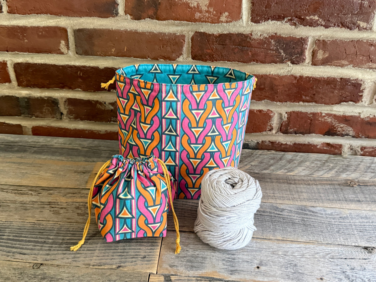 Drawstring Pouch | Yarn Bowl | Project Bag | Sock Bag - Retro Stitches