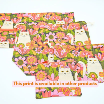 Drawstring Pouch | Yarn Bowl | Project Bag | Sock Bag - Retro Cat