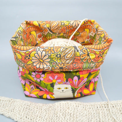 Cat, mushroom, butterfly knitting or crochet drawstring project bag