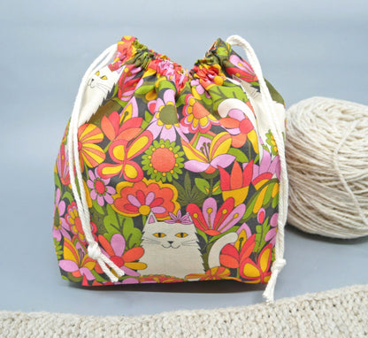 Cat, mushroom, butterfly knitting or crochet drawstring project bag