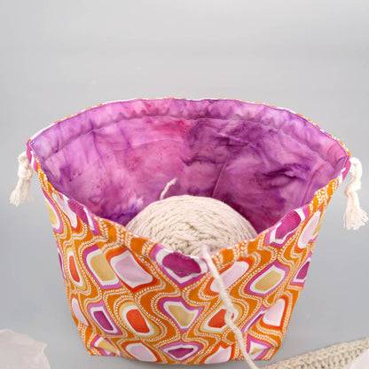 orange geometric drawstring knitting project bag