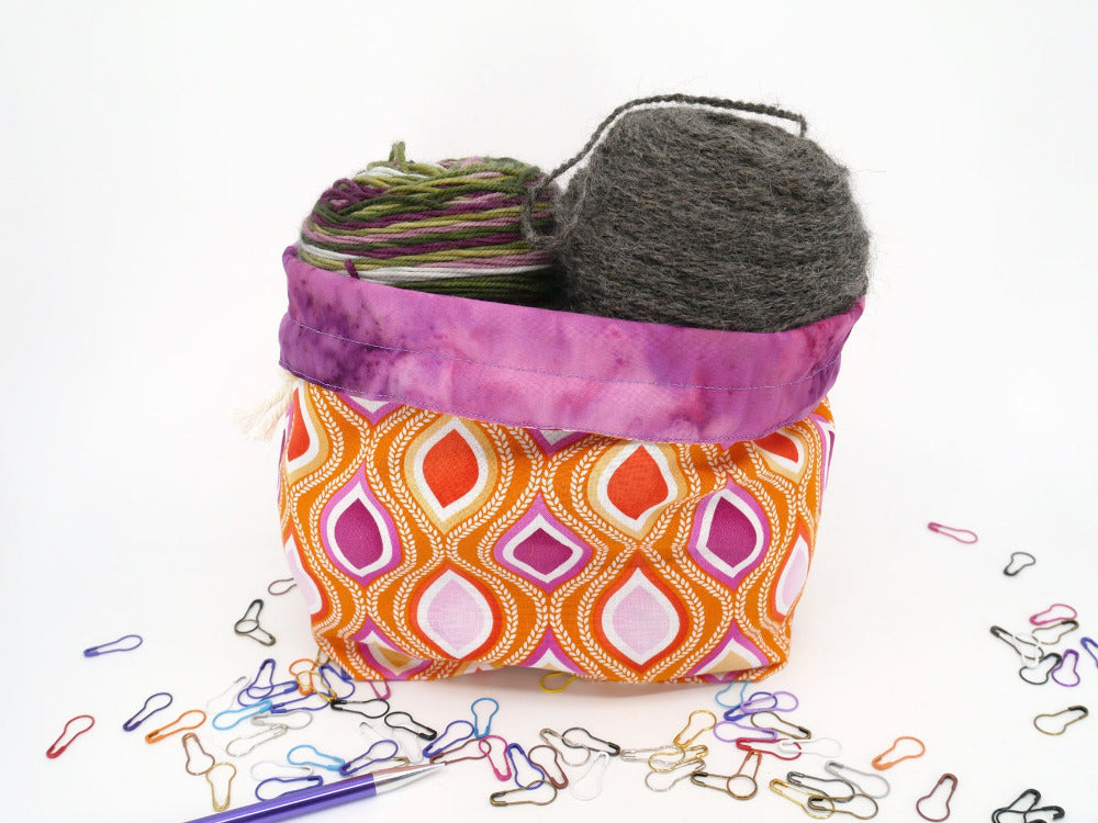 orange geometric drawstring crochet project bag