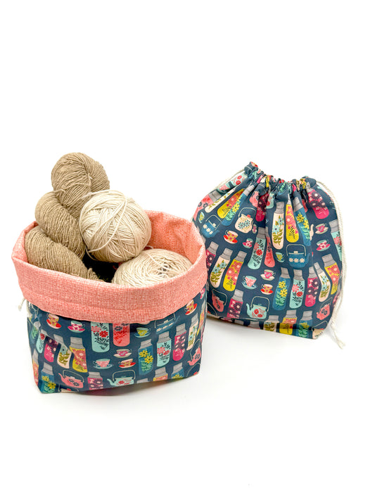 Drawstring Bag | Yarn Bowl | Project Bag | Dice Bag - Tea and Coffee