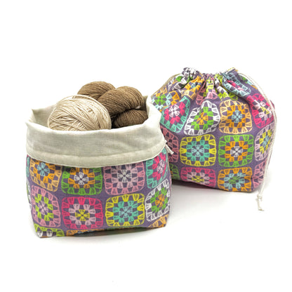 Drawstring Bag | Yarn Bowl | Project Bag | Dice Bag - Granny Square