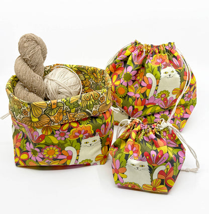 Drawstring Pouch | Yarn Bowl | Project Bag | Sock Bag - Retro Cat