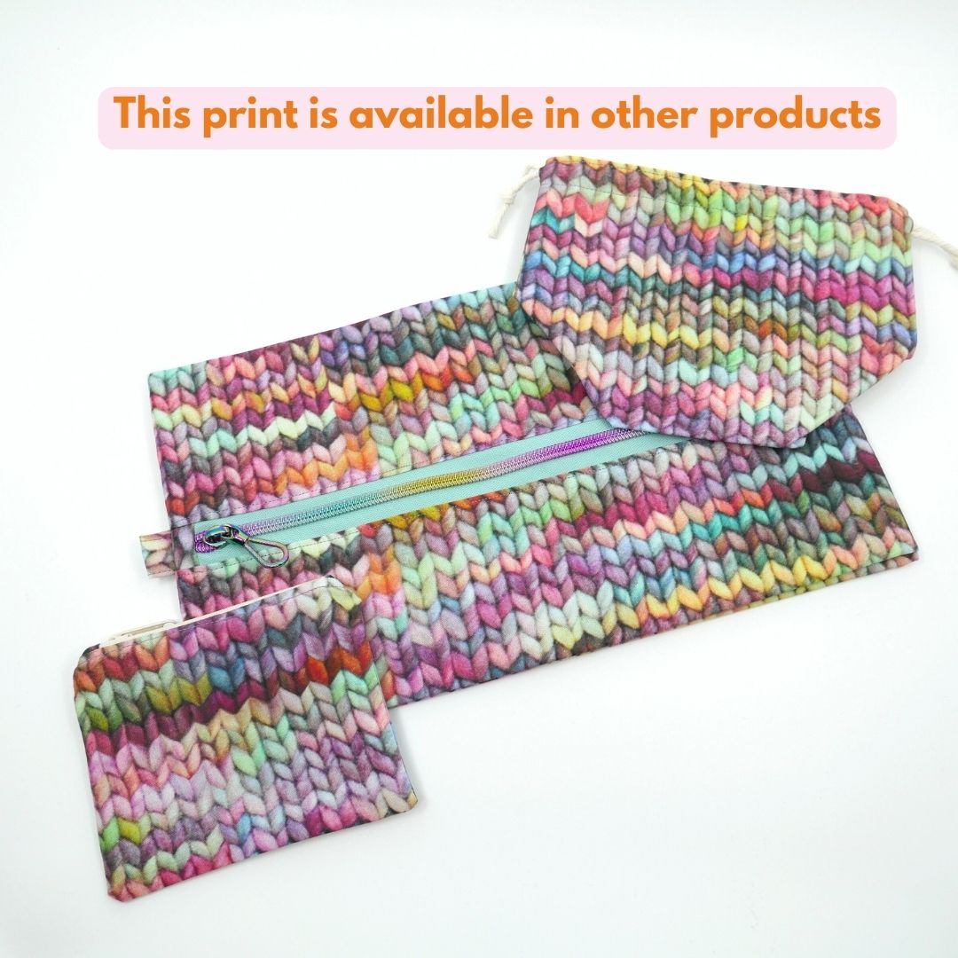 stockinette knit print accessories and bags