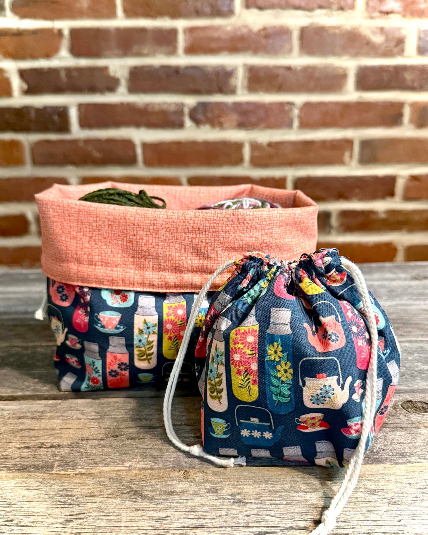 Drawstring Bag | Yarn Bowl | Project Bag | Dice Bag - Teapot and Coffee Carafe