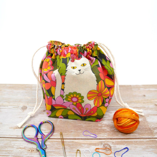 orange and green vintage retro cat print fabric drawstring yarn bowl or dice bag