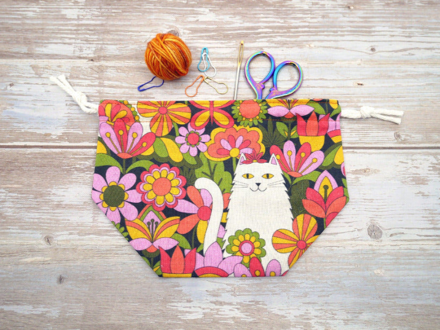 orange and green vintage retro cat print fabric drawstring yarn bowl or dice bag