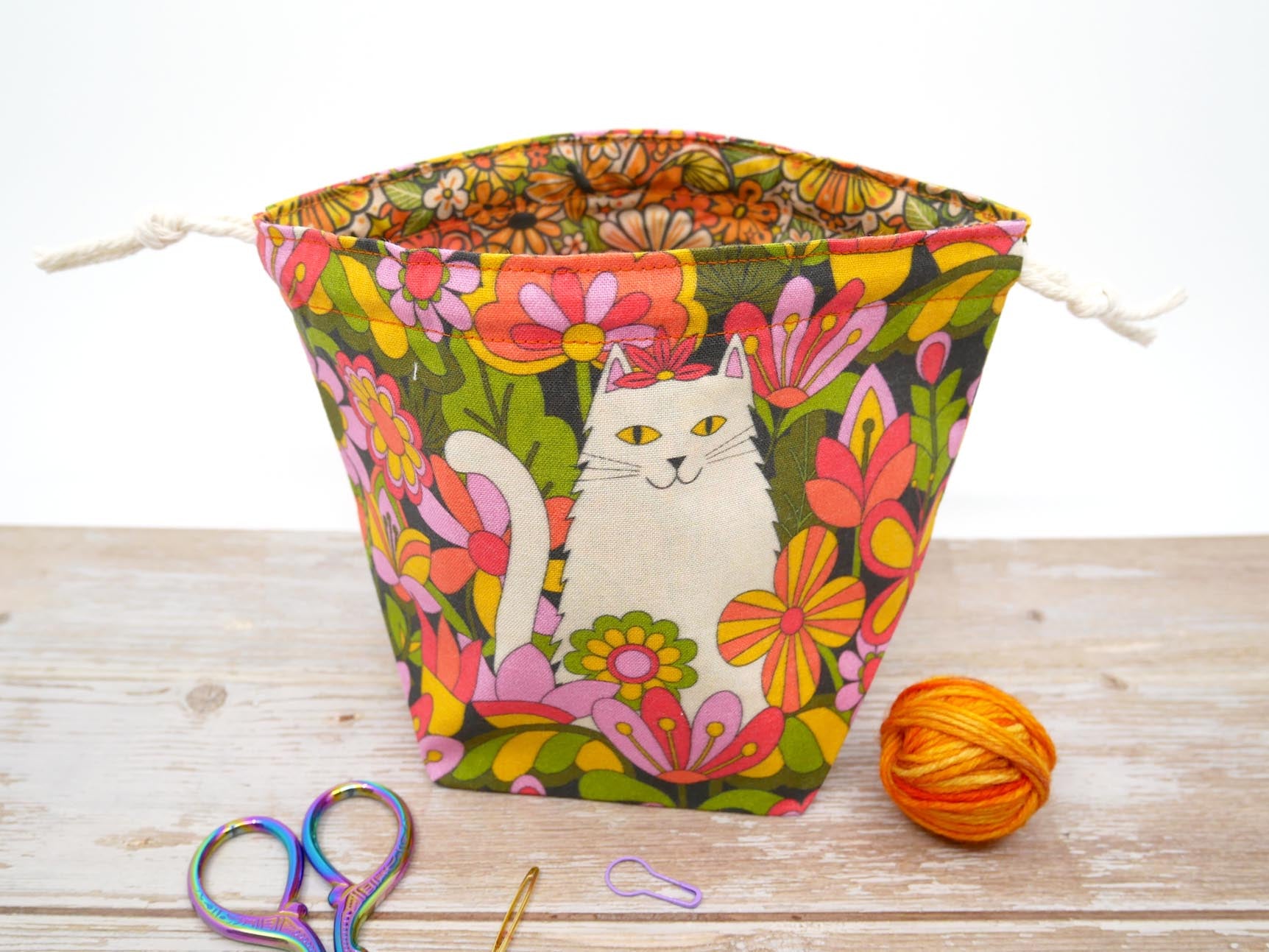 orange and green vintage retro cat print fabric drawstring yarn bowl or dice bag
