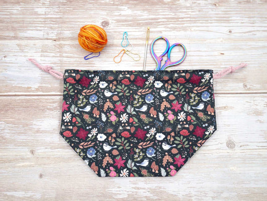 chickadee floral forest drawstring project bag and fabric yarn bowl