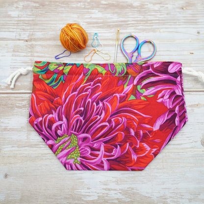 red chrysanthemum drawstring project bag and fabric yarn bowl