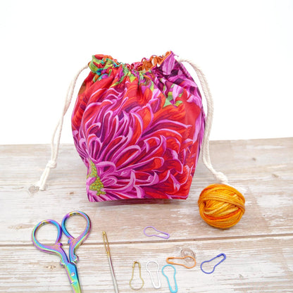 red chrysanthemum drawstring project bag and fabric yarn bowl
