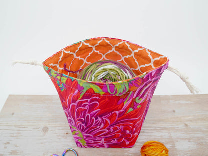 red chrysanthemum drawstring project bag and fabric yarn bowl